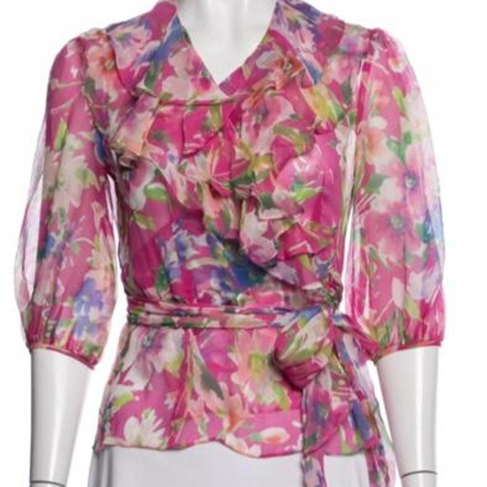Ralph Lauren pink floral silk blouse with ruffles and tie waist